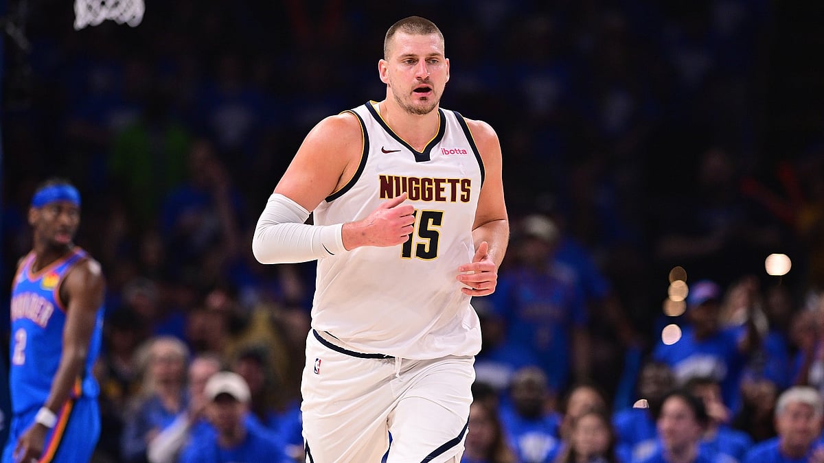 Nikola Jokic #15 of the Denver Nuggets runs down the floor during the first half of game seven of the Western Conference semifinals against the Oklahoma City Thunder at Paycom Center on May 18, 2025 in Oklahoma City, Oklahoma.