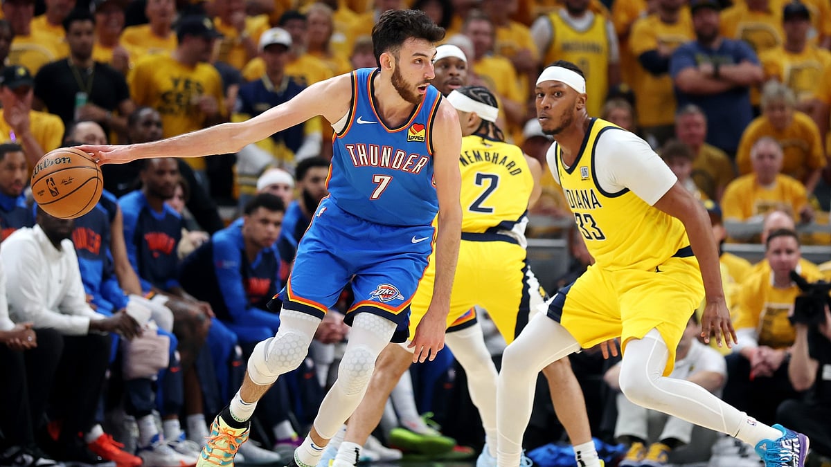 Oklahoma City Thunder center Chet Holmgren dribbles during Game 4 of the 2025 NBA Finals.
