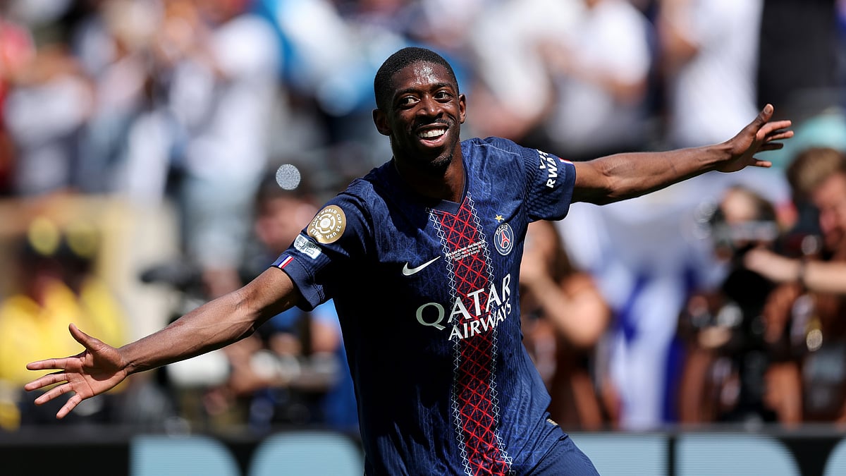 File : PSG vs Real Madrid, FIFA Club World Cup 2025: Paris Saint-Germain's Ousmane Dembele celebrates after scoring a goal.