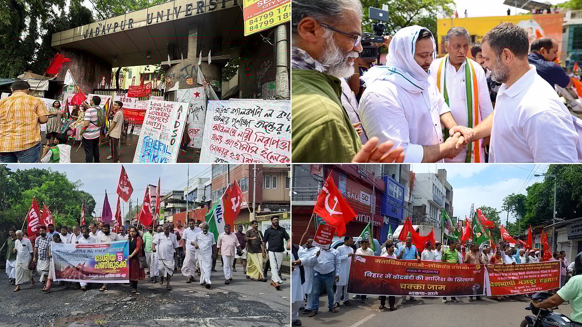 INC, Outlook India : Bharat Bandh: Kolkata, West Bengal; Patna, Bihar; Gaya, Bihar; Kannur, Kerala (clockwise)