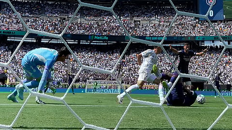 Paris Saint-Germain's Fabian Ruiz shoots to score a goal off a rebound against Real Madrid during the first half of a Club World Cup semifinal soccer match in East Rutherford, N.J., Wednesday, July 9, 2025.