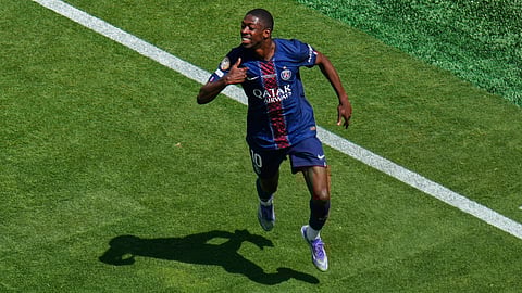 Paris Saint-Germain's Ousmane Dembele celebrates after scoring during the Club World Cup semifinal soccer match between PSG and Real Madrid in East Rutherford, N.J., Wednesday, July 9, 2025.