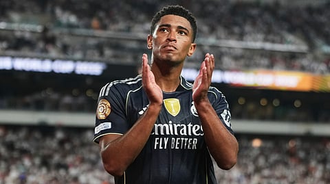 Real Madrid's Jude Bellingham reacts to fans as he leaves the field during the Club World Cup Group H soccer match between Salzburg and Real Madrid in Philadelphia, Thursday, June 26, 2025.