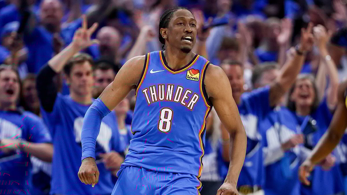 Jalen Williams #8 of the Oklahoma City Thunder celebrates during the fourth quarter against the Indiana Pacers in Game Seven of the 2025 NBA Finals at Paycom Center on June 22, 2025 in Oklahoma City, Oklahoma. - null
