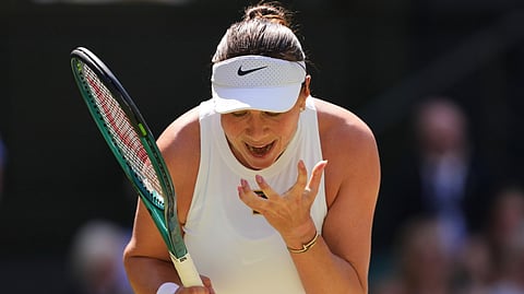 Amanda Anisimova of the U.S. reacts during the women's singles semifinal match against Aryna Sabalenka of Belarus at the Wimbledon Tennis Championships in London, Thursday, July 10, 2025.