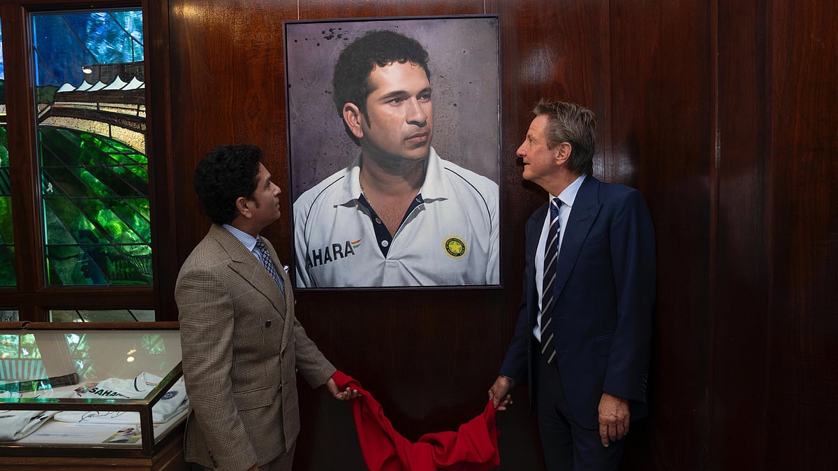 File : Sachin Tendulkar with his portrait at MCC museum, Lord's