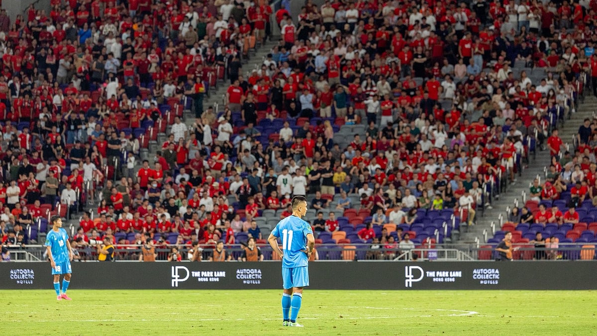 | Photo: X/IndianFootball : India’s Sunil Chhetri reacts after the loss against Hong Kong.