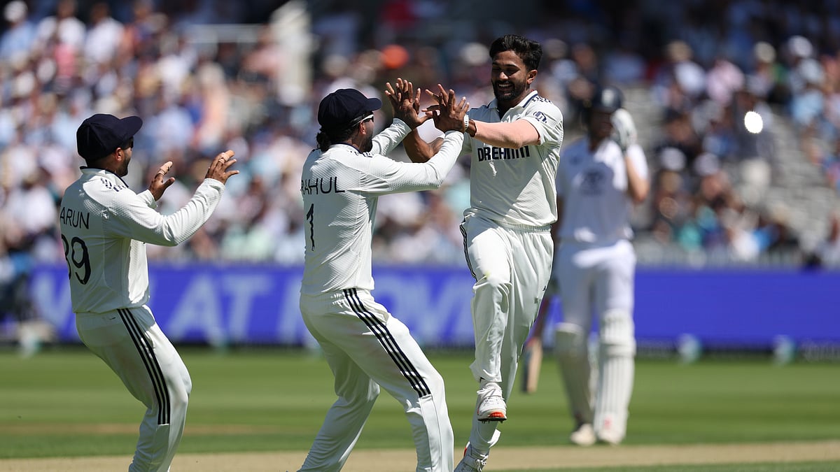 Photo: X | BCCI : India's Nitish Kumar Reddy celebrates with his teammates after taking a wicket on Day 1 of the third Test match against England at Lord's.