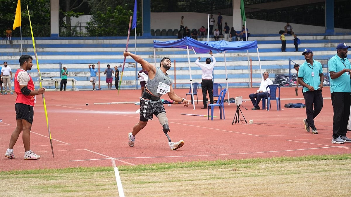 Special Arrangement : Sumit Antil (centre) in action at the men's javelin throw event of the Indian Open Para Athletics Championship in Bengaluru.