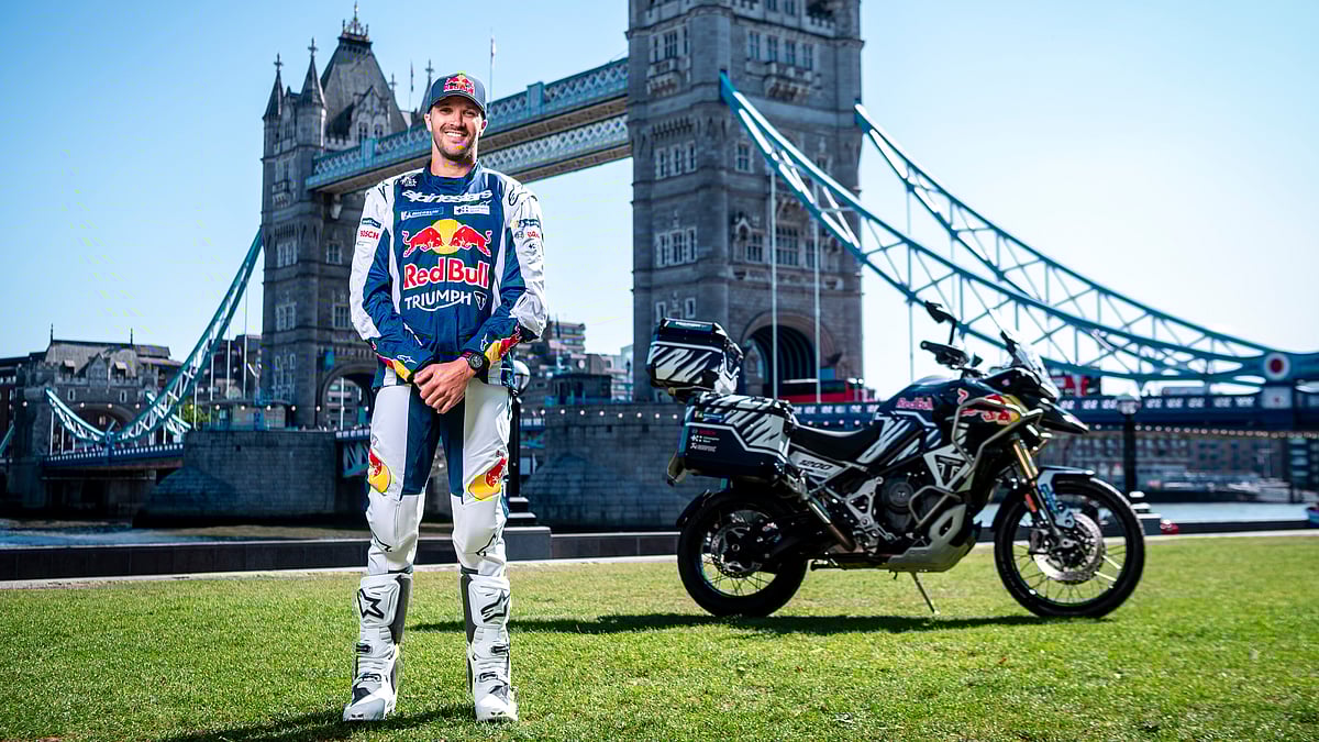 Mark Roe / Red Bull Content Pool : Sam Sunderland poses for a portrait ahead of his Race Around the World ride in London, United Kingdom on July 3, 2025.