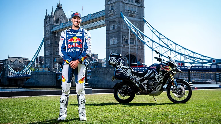 Sam Sunderland poses for a portrait ahead of his Race Around the World ride in London, United Kingdom on July 3, 2025. - Mark Roe / Red Bull Content Pool