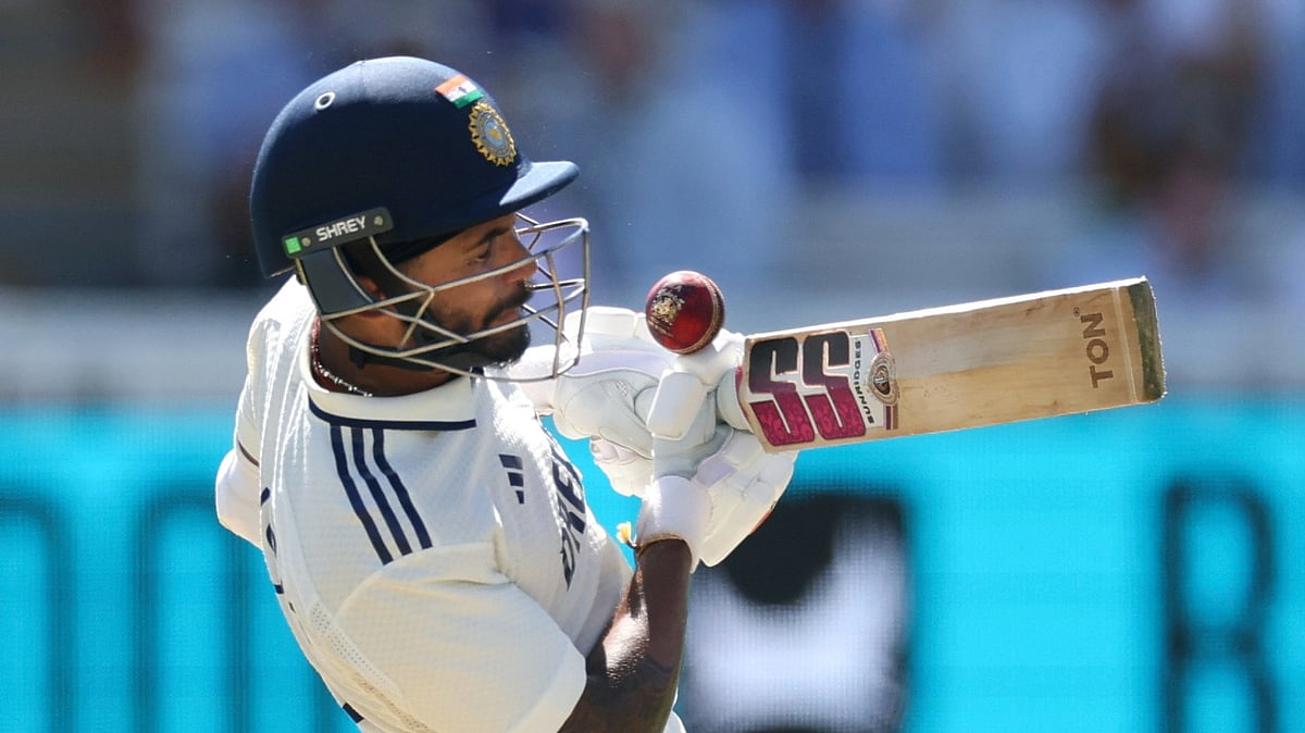 AP Photo/Richard Pelham : India's Nitish Kumar Reddy plays a shot during the third cricket test match between England and India at Lord's cricket ground in London.