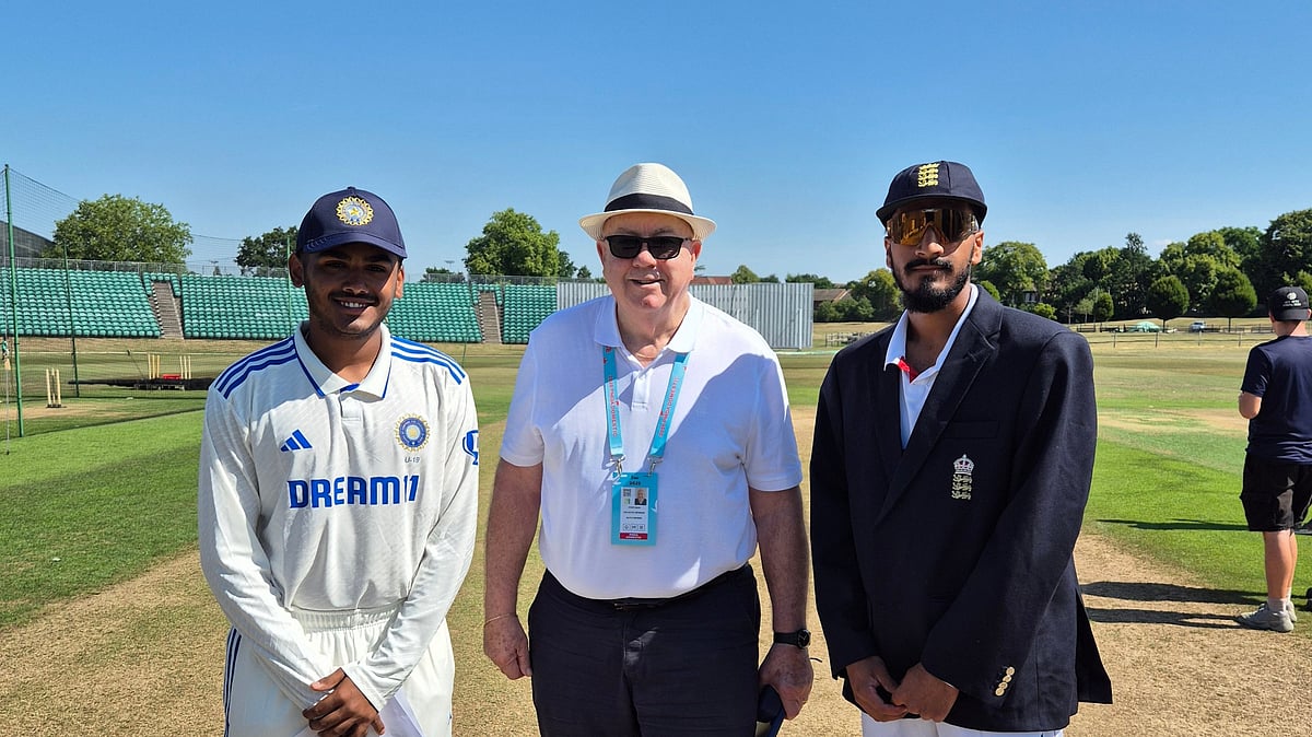 Photo: X | BCCI : India U19 captain Ayush Mhatre with England U19 skipper Hamza Shaikh during the toss of first Youth Test match.