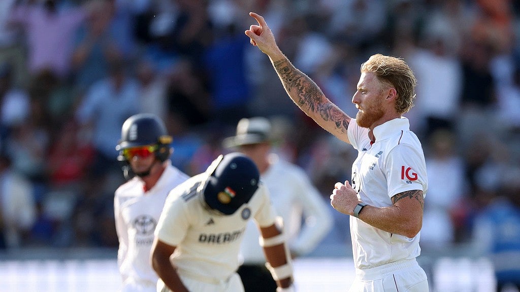 England's captain Ben Stokes, right, celebrates the dismissal of India's Akash Deep - AP/Richard Pelham