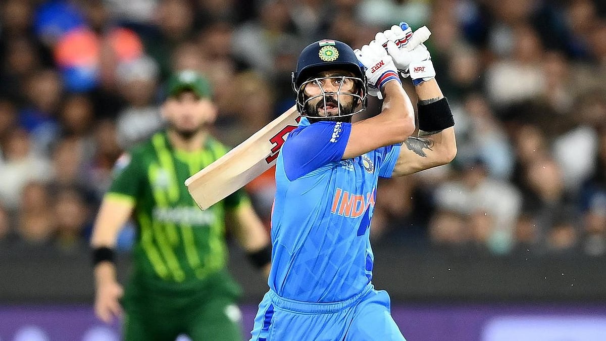 Photo: X | ICC : Virat Kohli playing a shot against Pakistan during a group-stage match in the ICC T20 World Cup 2022.