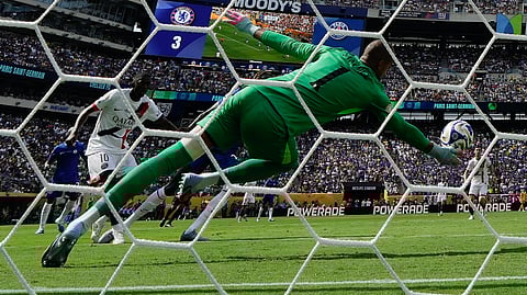 Chelsea's goalkeeper Robert Sanchez makes a save against Paris Saint-Germain during the second half of the Club World Cup final soccer match in East Rutherford, N.J., Sunday, July 13, 2025.