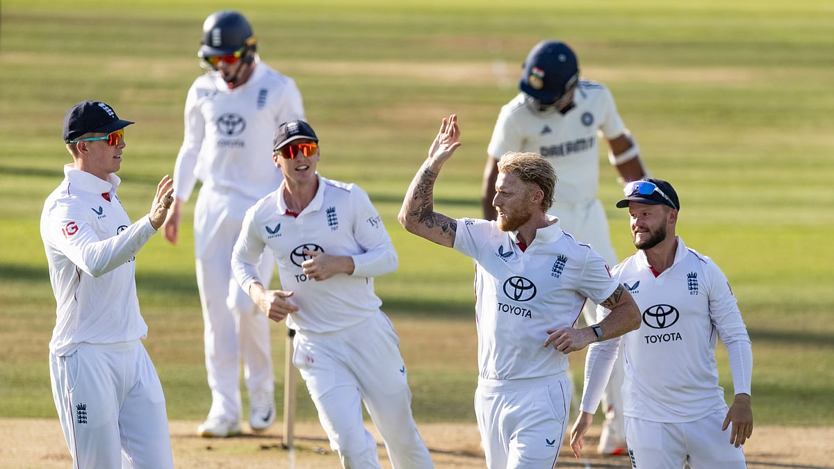 Ben Stokes celebrates after taking the last-ball wicket of Akash Deep