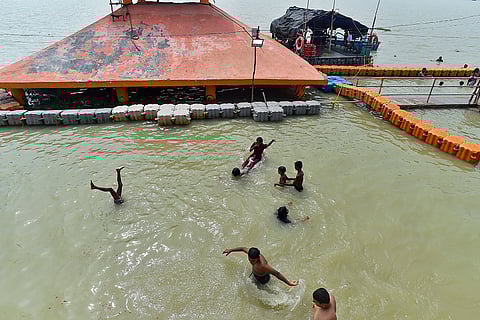Swollen Ganga and Yamuna rivers in Prayagraj
