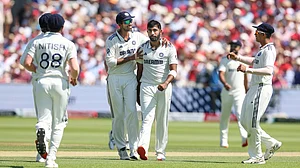 | Photo: AP/Richard Pelham : IND Vs ENG, 3rd Test: India's Jasprit Bumrah, middle, celebrates with teammates after the dismissal of during the third cricket test match between England and India at Lord's cricket ground in London