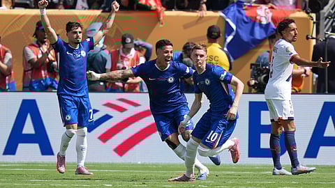 Chelsea's Cole Palmer (10) smiles after scoring his side's second goal during the Club World Cup final soccer match between Chelsea and PSG in East Rutherford, N.J., Sunday, July 13, 2025.