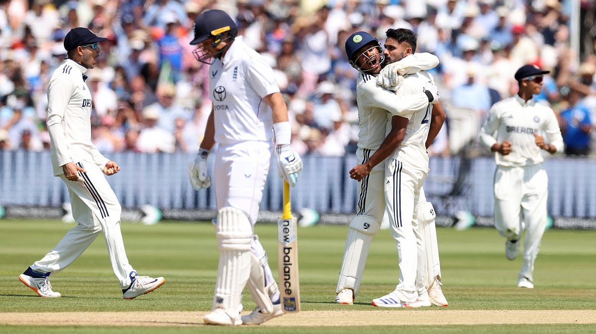 AP : India vs England, 3rd Test Day 4 Lunch Report: Akash Deep, second right, celebrates with teammate Dhruv Jurel after the dismissal of Harry Brook at Lord's.