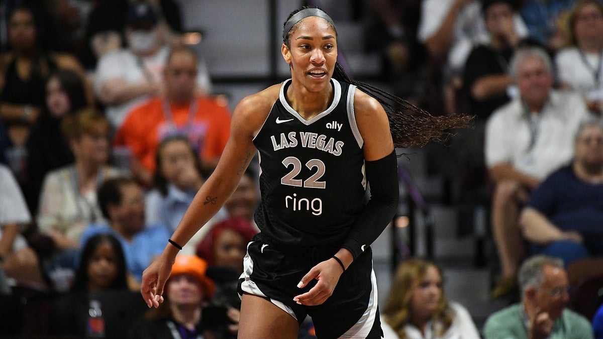 Las Vegas Aces center A'ja Wilson (22) looks on during a WNBA game between the Las Vegas Aces and the Connecticut Sun on July 6, 2025, at Mohegan Sun Arena in Uncasville, CT. - null