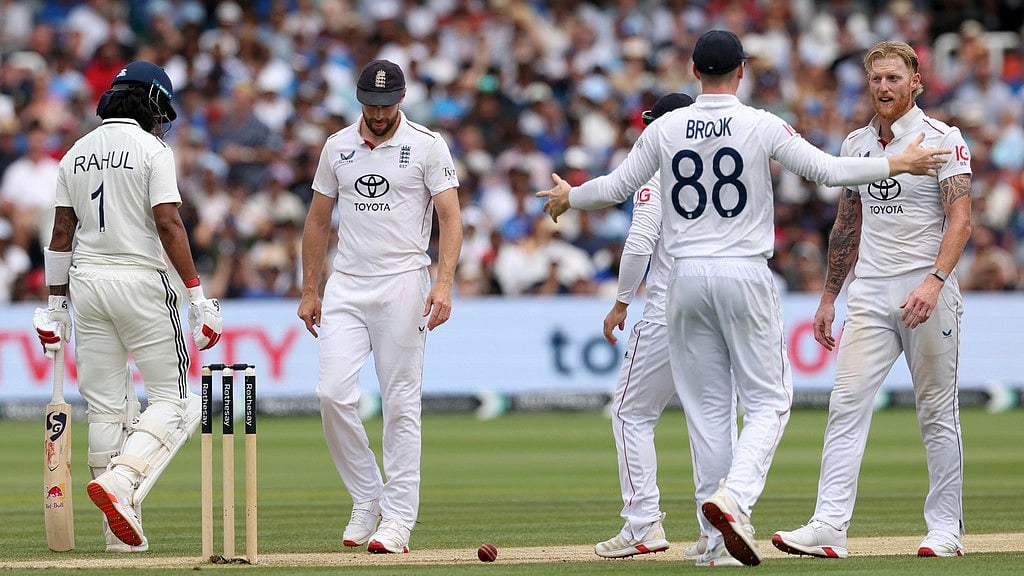 AP : India vs England, 3rd Test Day 5: Ben Stokes (right) celebrates the wicket of KL Rahul (right) with teammates at Lord's.