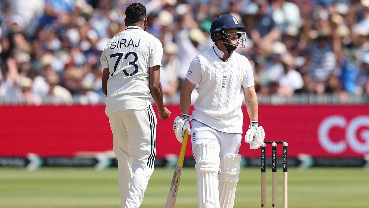 | Photo: AP/Richard Pelham : India vs England 3rd Test: India's Mohammed Siraj, left, celebrates the dismissal of England's Ben Duckett, right, during the fourth day of the third cricket test match between England and India at Lord's cricket ground in London, Sunday, July 13, 2025.
