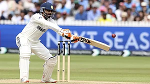 | Photo: AP : India vs England, 3rd Test: Ravindra Jadeja attempts to play a shot during the 5th day's play at Lord's, London. AP Photo