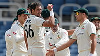 AP : West Indies vs Australia Highlights, 3rd Test Day 3: Mitchell Starc celebrates with teammates after dismissing Mikyle Louis.