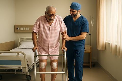 A healthcare worker helping an elderly man after surgery
