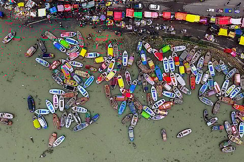 Swollen Ganga and Yamuna rivers after heavy rain in Prayagraj