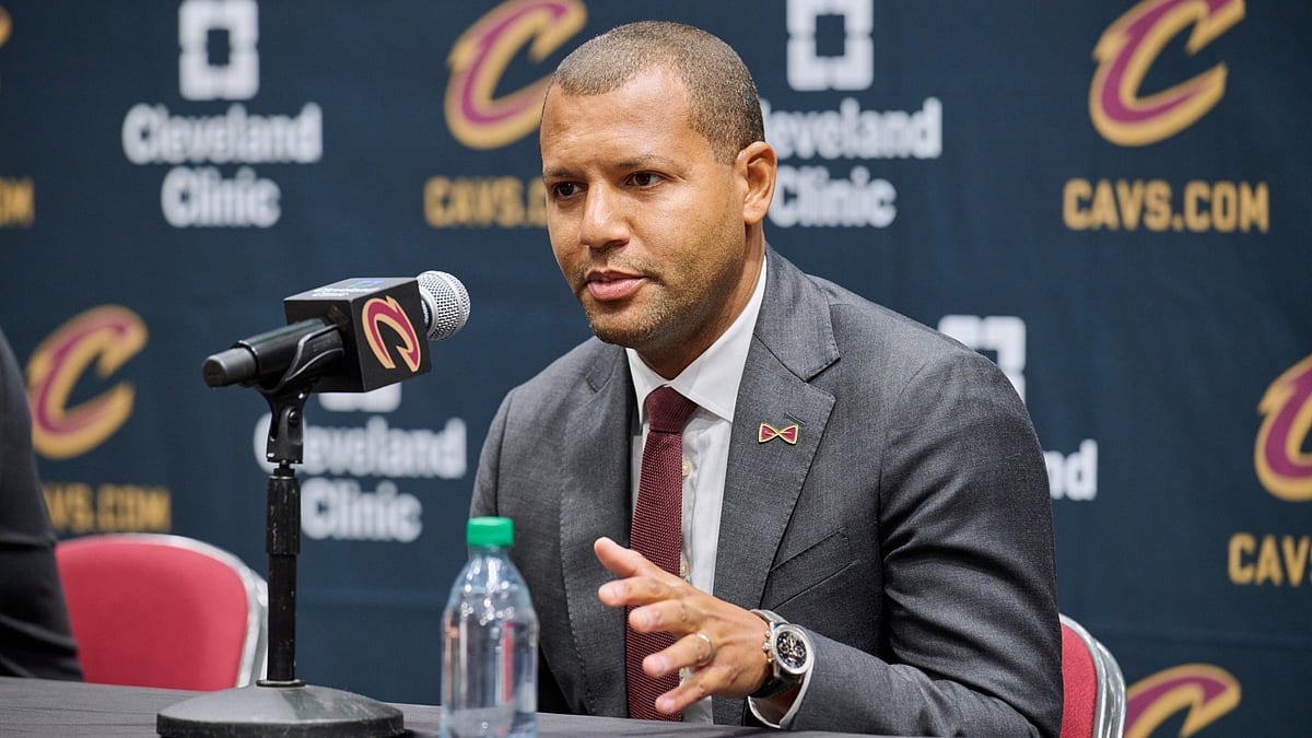 General manager Koby Altman of the Cleveland Cavaliers is interviewed during media day at Rocket Mortgage Fieldhouse on October 02, 2023 in Cleveland, Ohio.