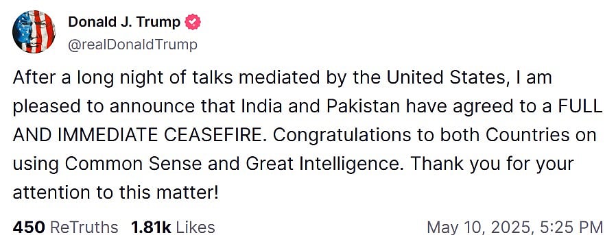 Truth Social; Representational Image : Trump on July 15th claimed that U.S. intervention averted nuclear war between India and Pakistan