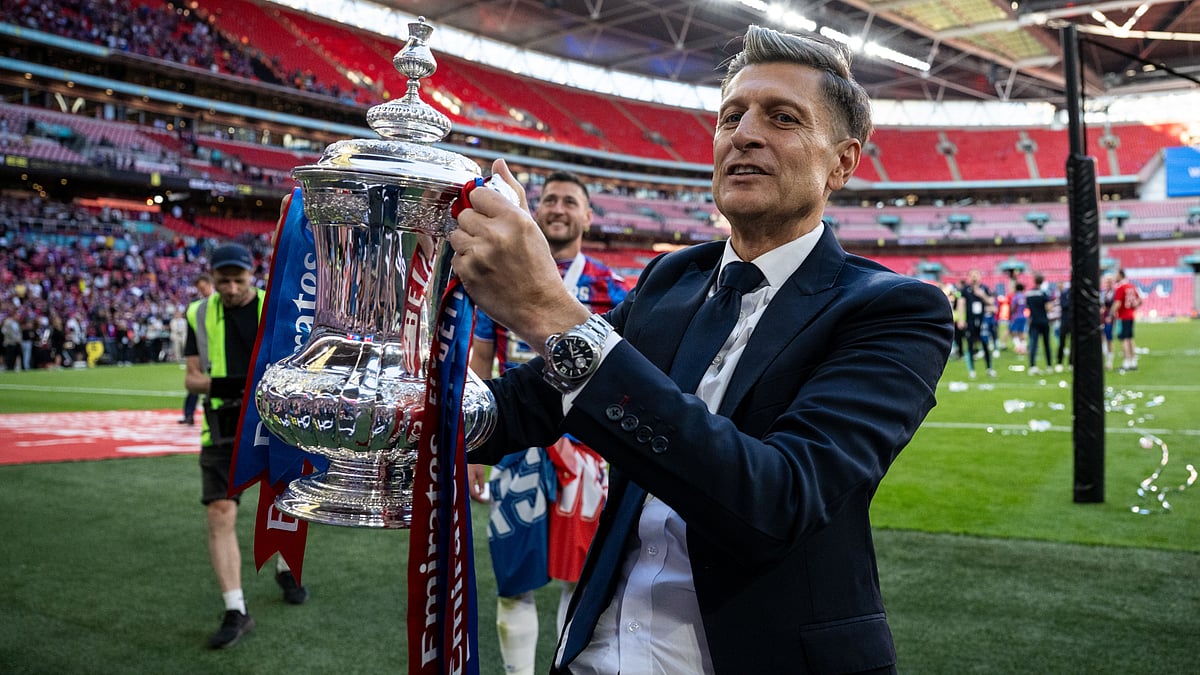 Steve Parish holds the FA Cup trophy at Wembley - null
