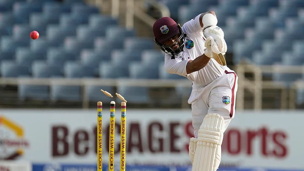 | Photo: AP/Ricardo Mazalan : West Indies vs Australia 3rd Test Day 2: Shai Hope gets bowled.