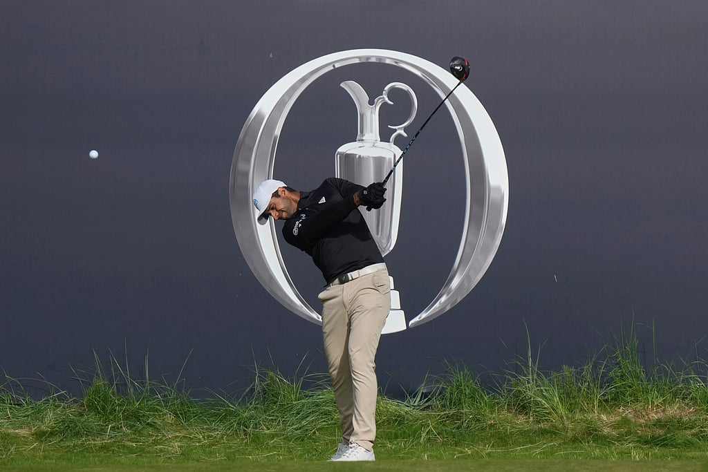 Sahith Theegala of the United States plays off the 1st tee during a practice round for the British Open golf Championship. - AP/Jon Super