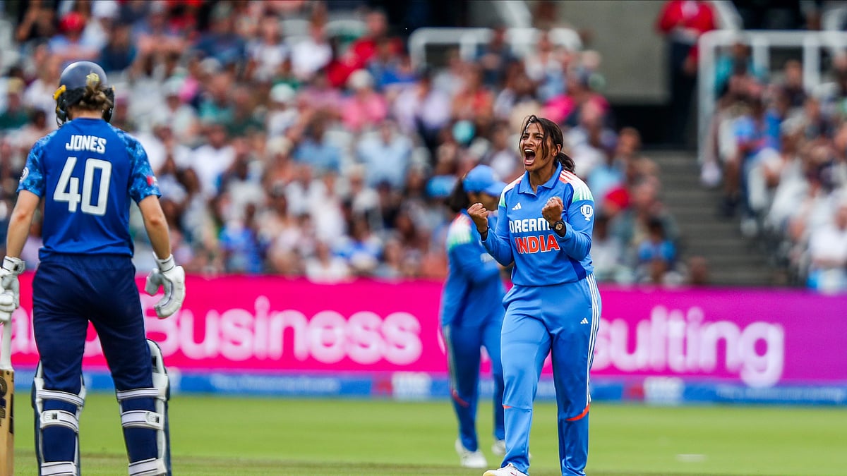 Photo: X | BCCI Women : India women bowler Sneh Rana after dismissing Tammy Beaumont in the second ODI at Lord's.
