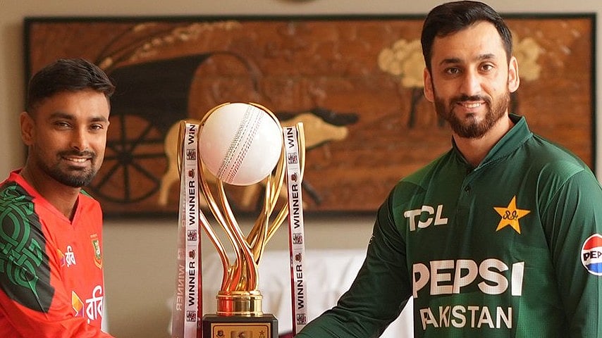 X/Bangladesh Cricket : Bangladesh vs Pakistan, 1st T20I Live Streaming: Captains Litton Das (left) and Salman Ali Agha pose with the trophy.