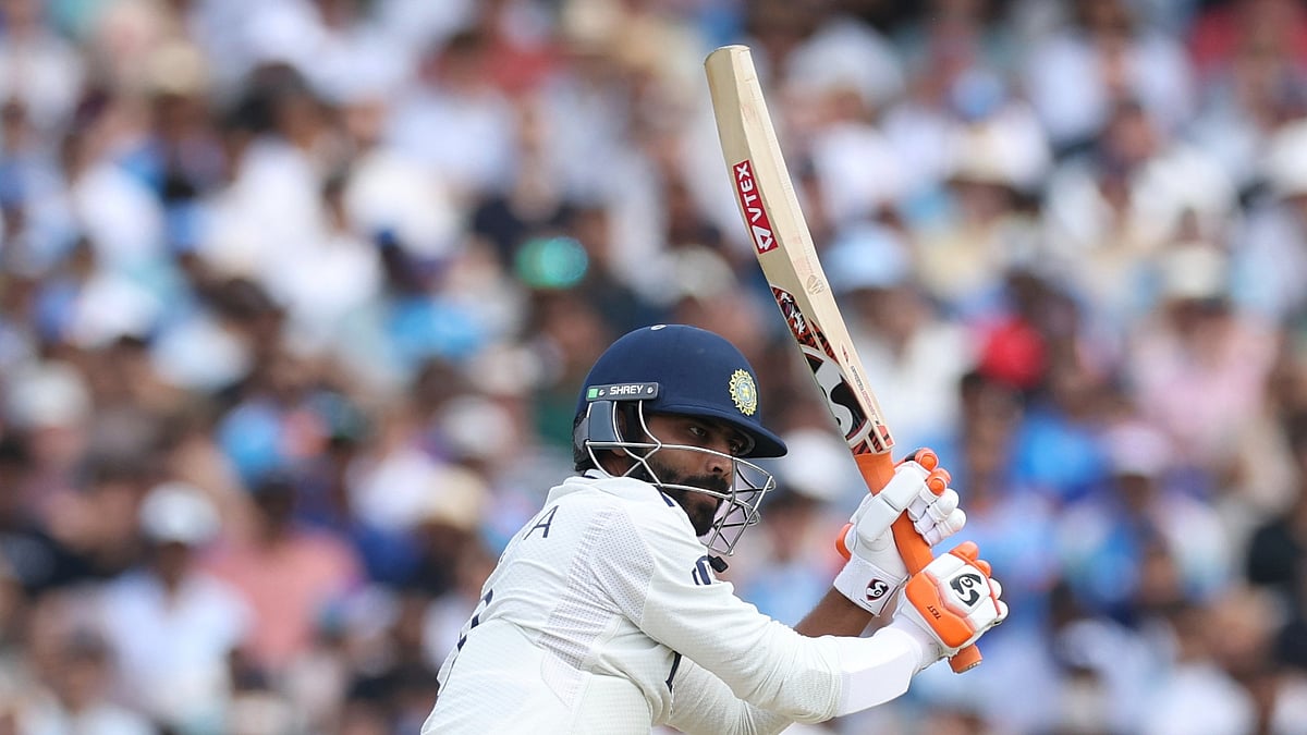 AP Photo/Richard Pelham : India's Ravindra Jadeja plays a shot during the fifth day of the third cricket test match between England and India at Lord's cricket ground in London.
