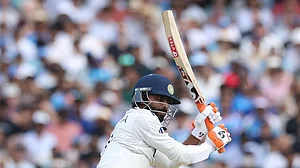 AP Photo/Richard Pelham : India's Ravindra Jadeja plays a shot during the fifth day of the third cricket test match between England and India at Lord's cricket ground in London.