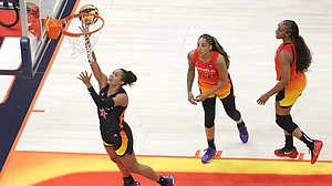 Napheesa Collier #24 of the Minnesota Lynx drives to the basket during the 2025 AT&T WNBA All-Star Game at Gainbridge Fieldhouse on July 19, 2025 in Indianapolis, Indiana.