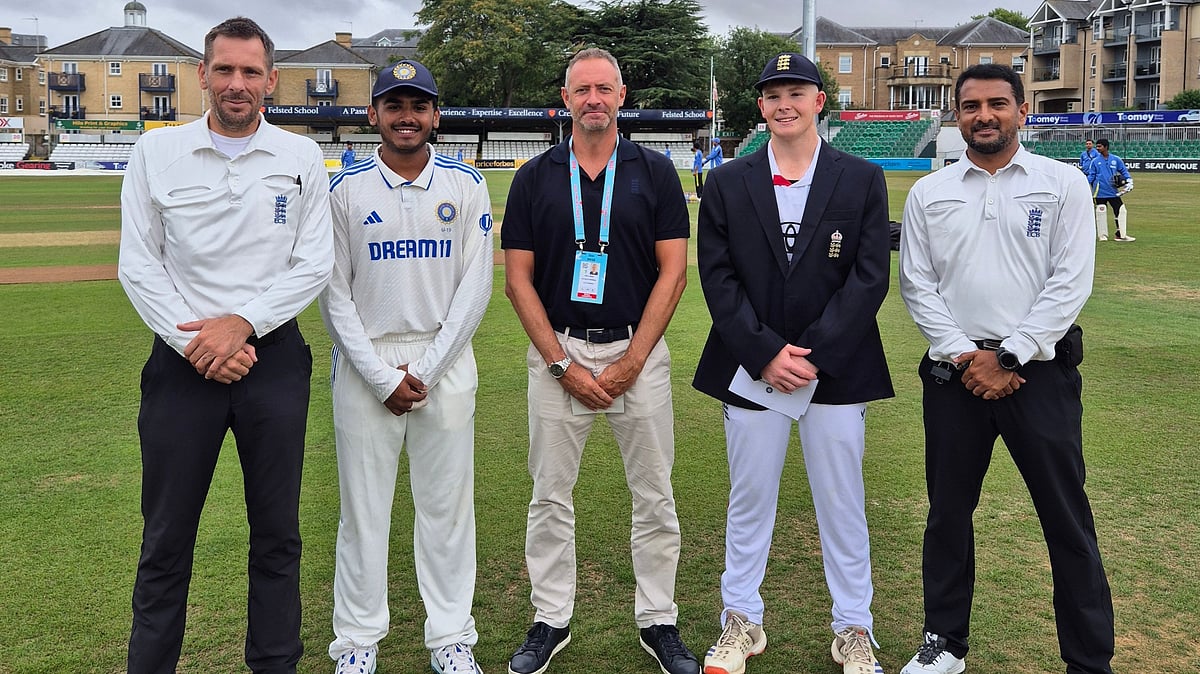 X/BCCI : IND U19 Vs ENG U19, 2nd Youth Test Day 1: Captains Ayush Mhatre (second from left) and Thomas Rew (second from right) at the toss in Chelmsford.