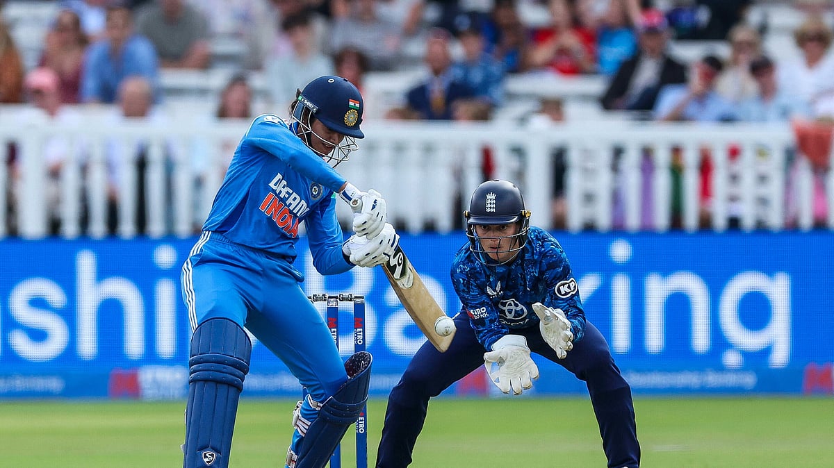 Steven Paston/PA via AP : India's Smriti Mandhana during the second women's one day international match between England and India, at Lord's, London.