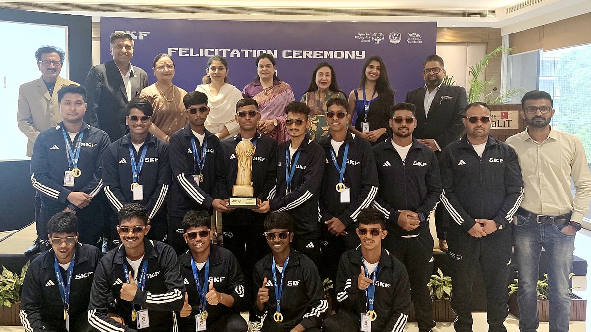 Special Arrangement : Gothia Cup: Union MoS Raksha Khadse felicitated the Special Olympics Bharat football team in New Delhi for defending their title at the 2025 Gothia Cup in Sweden.