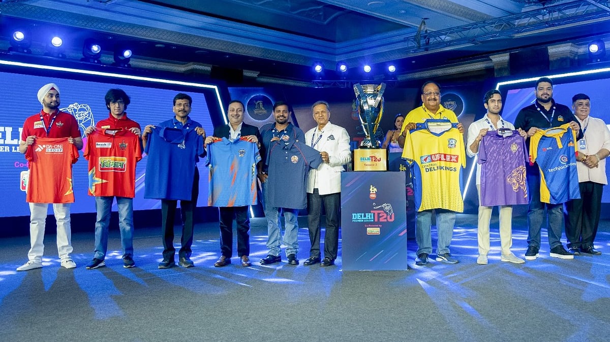 Special Arrangement : Delhi Premier League 2025: Franchise owners pose with the team jerseys ahead of the second season. 