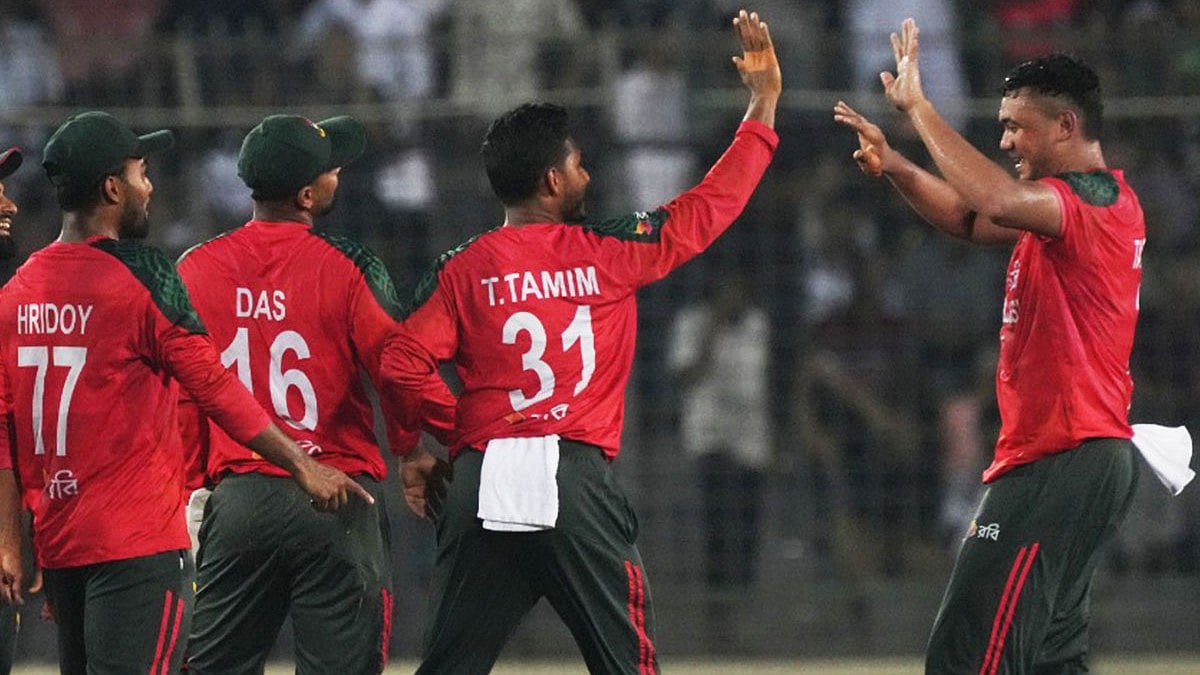 | Photo: X/BCBtigers : Bangladesh vs Pakistan: Bangladesh players celebrate a wicket in the first T20I match against Pakistan.