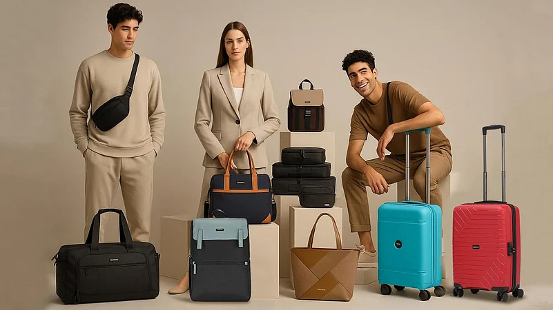 Three models standing with thier stylish suitcase and handbags