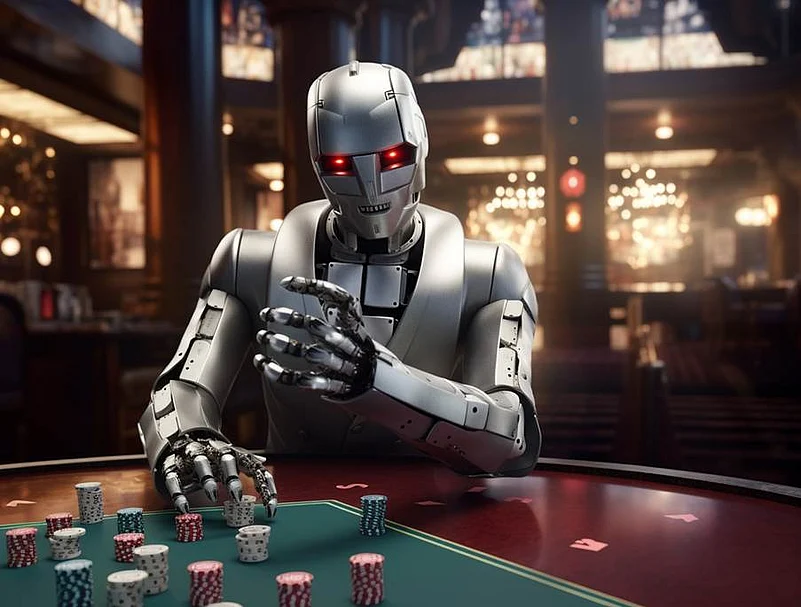 Robot playing poker at a casino table