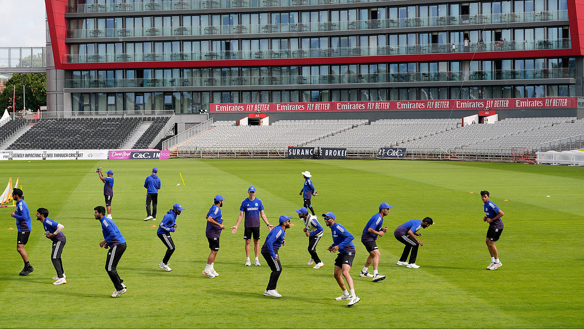 Danny Lawson/PA via AP : India players during a nets session at Emirates Old Trafford, Manchester, England.